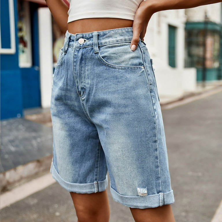 JIUKE Ripped Denim Jean Shorts Mid Rise A-Line Loose Wide Leg Casual Pants Button Zipper Pockets Short - Walmart.com