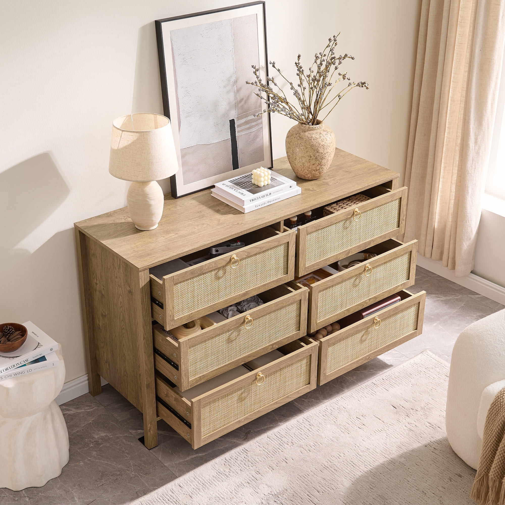 SICOTAS 51.14" Wide 6-Drawer Rattan Dresser Set of 2, Long Boho Chest of Drawers with Gold Handle for Bedroom, Coastal Bedroom Furniture in Cherry Oak