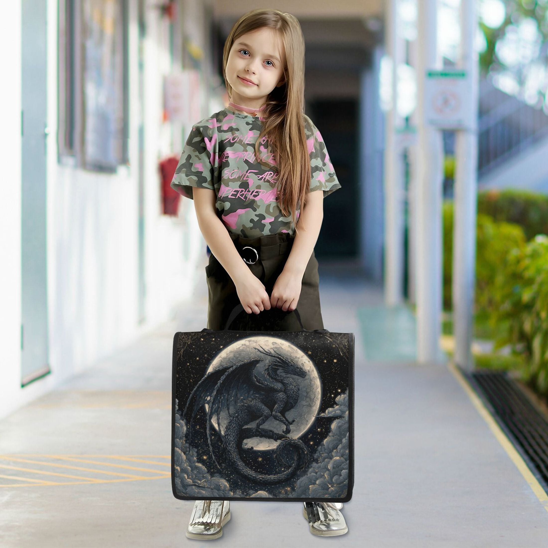 Zipper Binder 3 Rings Stationery Office Files Daily Organizer File Folder Storage Bag Black Devil Dragon