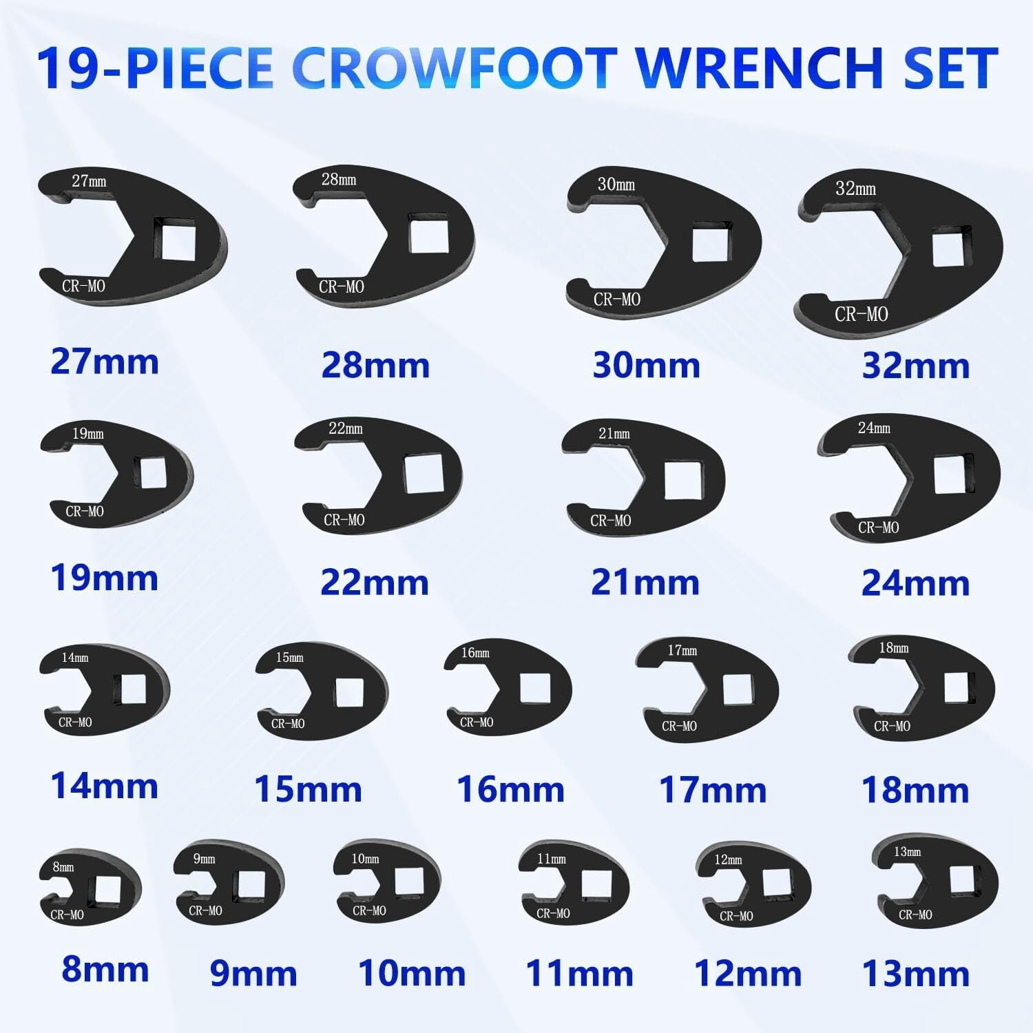 19pc Metric Crowsfeet 3/8" 1/2" Drive Spanner Socket Wrench Set Crowfoot 8-32mm