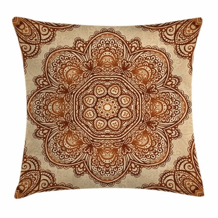 - India Throw Pillow Cushion Cover, Mehndi Style Floral Flower with Abstract Paisley Backdrop Art Print, Decorative Square Accent Pillow Case, 18 X 18 Inches, Light Brown and Dark Brown, by Ambesonne