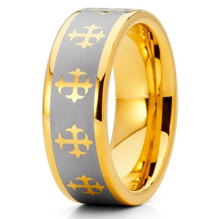 Tungsten Wedding Band 18K Yellow Gold Tungsten Ring Cross Christian Tungsten Carbide Ring Silver Brush Ring Comfort (The Best Christian Metal Bands)