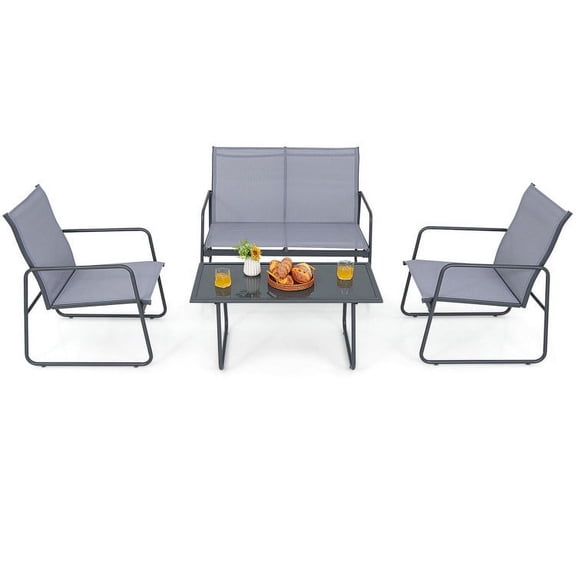 4 Piece Metal Patio Furniture Set, Outdoor Conversation Chat Set with Loveseat, 2 Chairs and Tempered Glass Coffee Table, Steel Frame, Quick-Drying Fabric for Backyard Patio Poolside