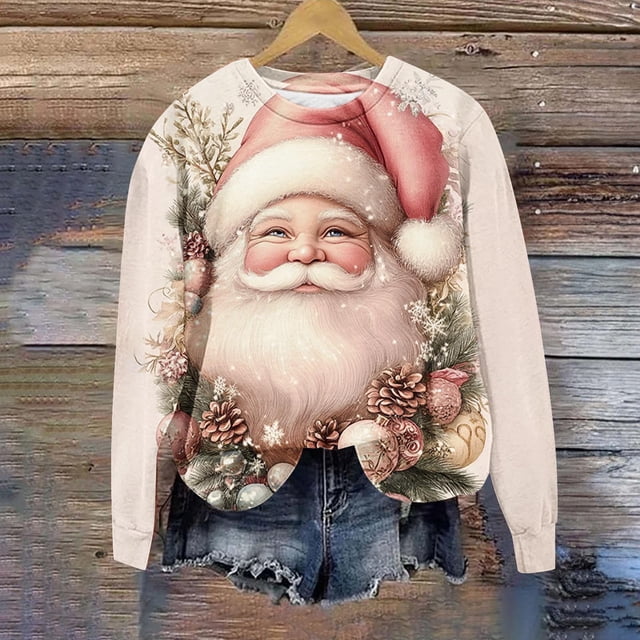 Qetyuw Chandail à Col Rond pour Femmes, Imprimé Père Noël Exquis de Noël, Manches Longues, Grande Taille, Décontracté