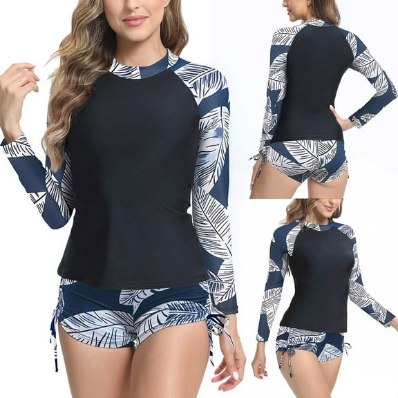 VBTAPA Women Two Piece Rash Guard Long Sleeve Swimsuits Sets UV UPF 50 Cropped Swim Shirt with Boyshort Bottom Bathing Suits Limited Time Sales Blue XXL