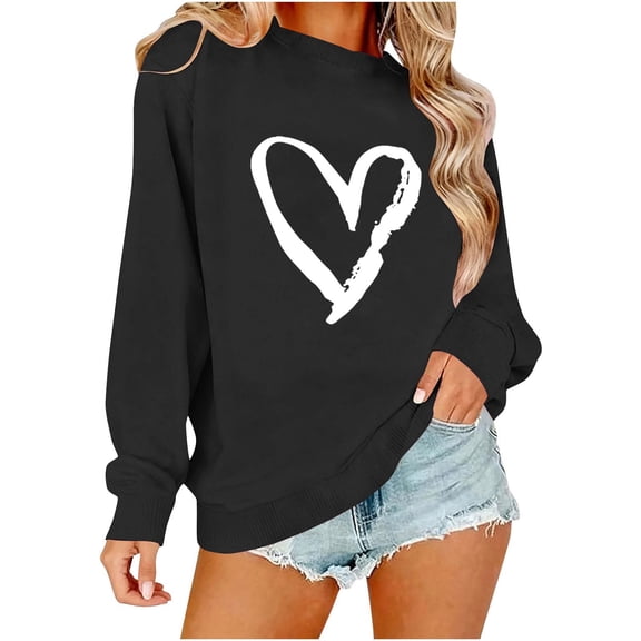 Enjoytime Crew Neck Sweatshirts Women Valentine Lover Heart Printed Long Sleeve Tops Lightweight Fashion Casual Blouses 2026 Black L
