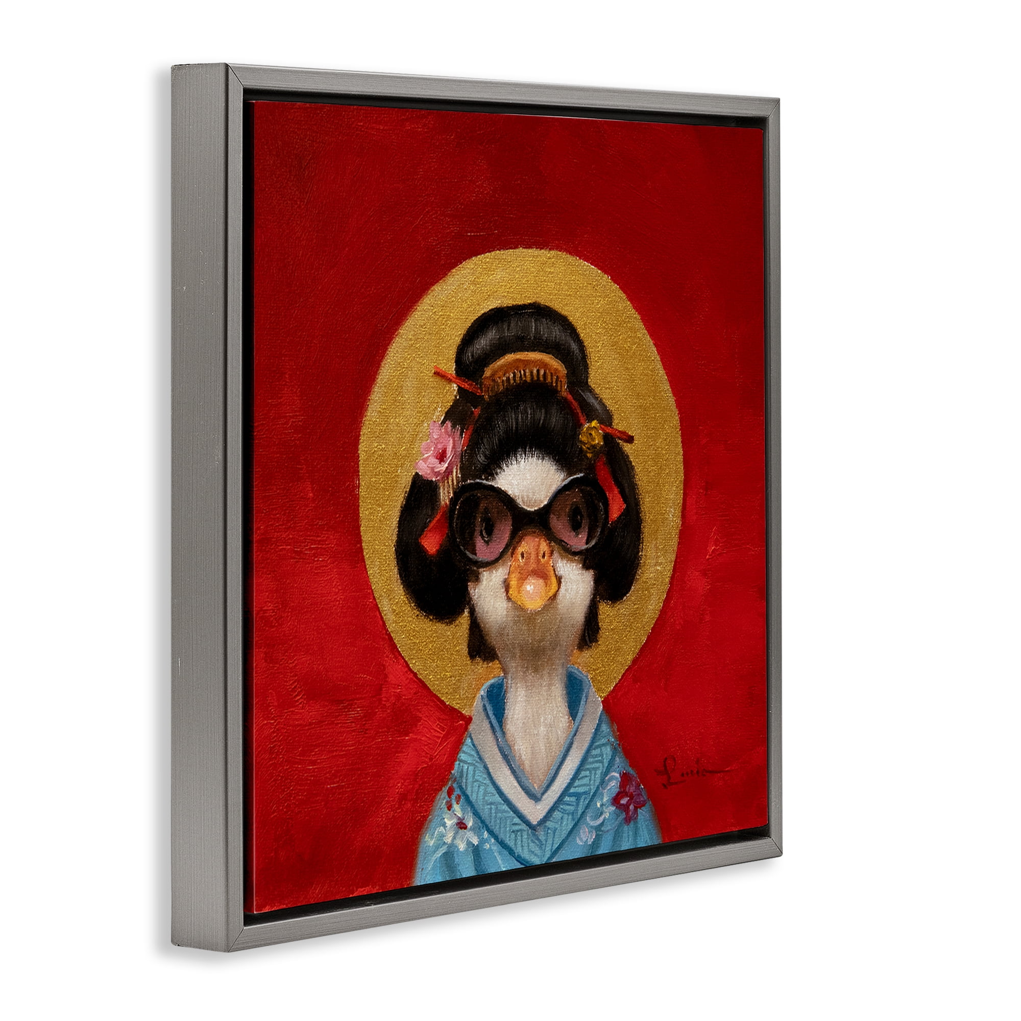 Stupell Industries Traditional Clothing Duck Animals Painting Gray Floater Framed Canvas Art Print Wall Art, 25 x 25