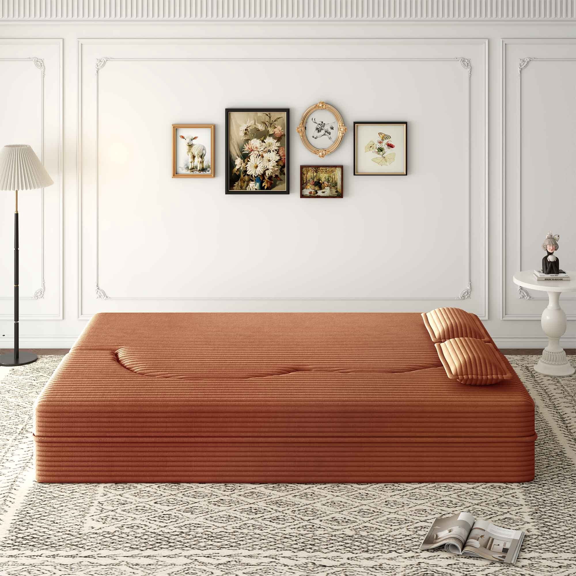 Lunale Full Size Convertible Sofa Bed, Boneless Cloud Couch, Folding Floor Sleeper Sofa for Living Room, Orange Corduroy