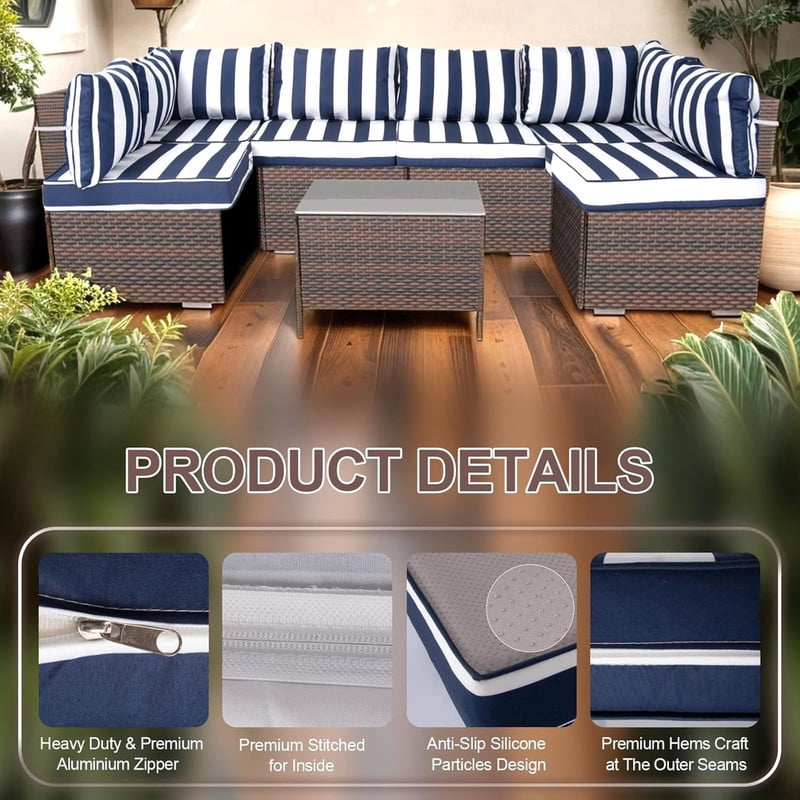 Outdoor Sectional Cushions, 6 Seat Patio Sectional Cushions, 4" Foam High-Density, Water-Resistant Patio Sofa Cushions Replacement Set（Blue white）