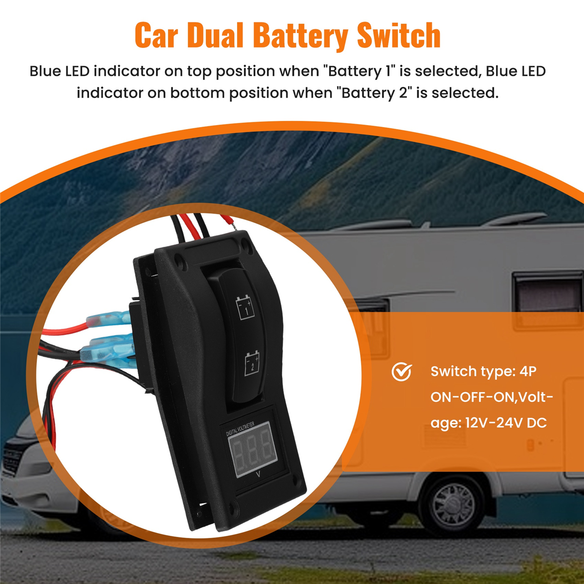 12-24V LED Dual Battery Test Panel Rocker Switch Car Truck Marine Boat Voltmeter 4P ON-OFF-ON,1 x LED Dual Battery Test Panel with Voltmeter 4x mounting screws, silicone gasket,black