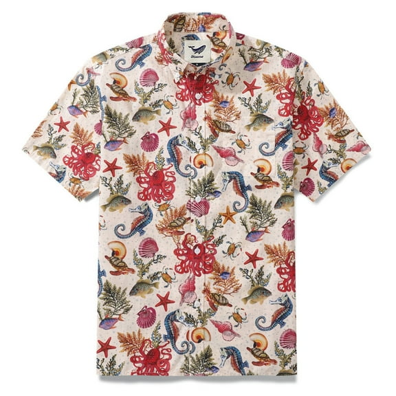 YIUME Men's Hawaiian Shirt Summer Casual Button Down Short Sleeve Marine Life Tropical Shirts 100% Cotton