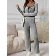 thumbnail image 4 of Women 2 Piece Knit Lounge Set Soft Stretchy Striped Outfit Long Sleeve Self-Tie Front Top High Waist Flare Pants Black L, 4 of 9