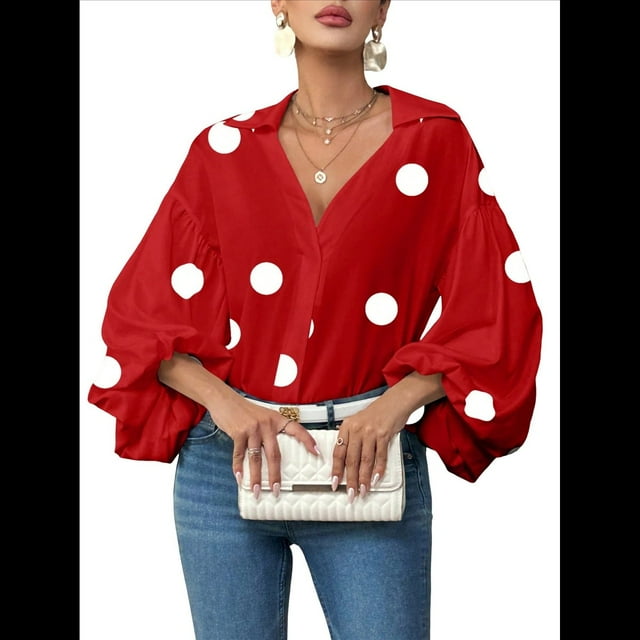 Blusa Holgada de Larga con Cuello Semiabierto y Lunares Franceses para Mujer Lunares Rojos XL