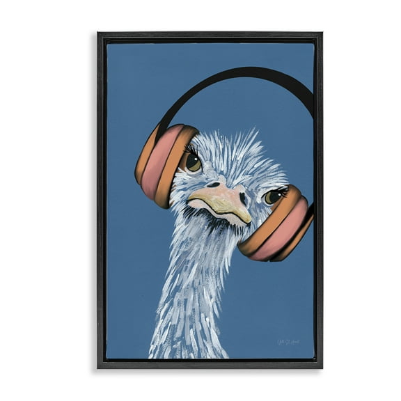 Stupell Industries Ostrich with Headphones Animals & Insects Painting Black Floater Framed Art Print Wall Art, 17 x 25