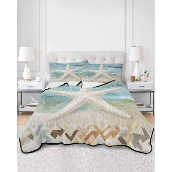 Quilts King Size, Coastal Beach Soft Comforter Bedding Set for Bed, Summer Retro Starfish Wave Lightweight Quilted Bedspread with Pillow Cover(2 Pieces) for All Season, 96x106 Inch