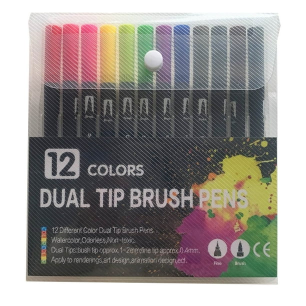 Marcadores para colorear Quinlirra de 12 colores, punta de pincel doble para colorear para adultos, punta fina para caligrafía, ideal para diarios, dibujos y garabatos (negro y 12 colores)