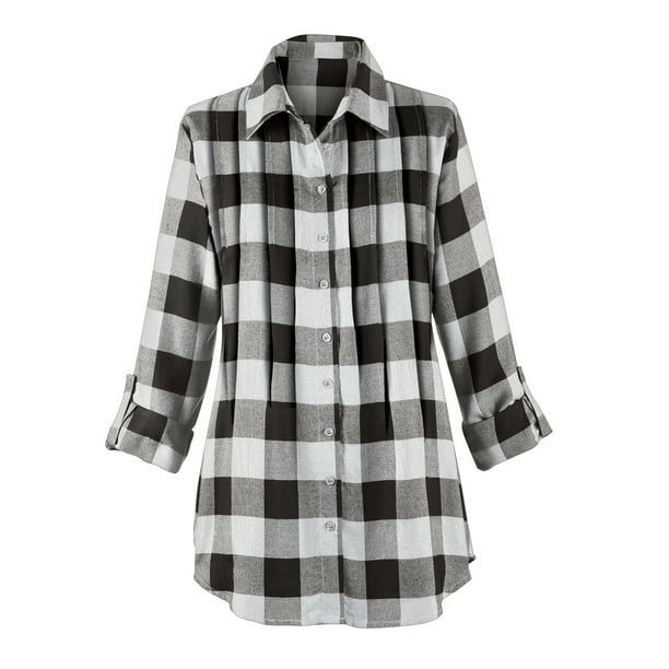 Collections Etc. - Buffalo Plaid Design Pintuck Tunic Top with Roll-Tab ...