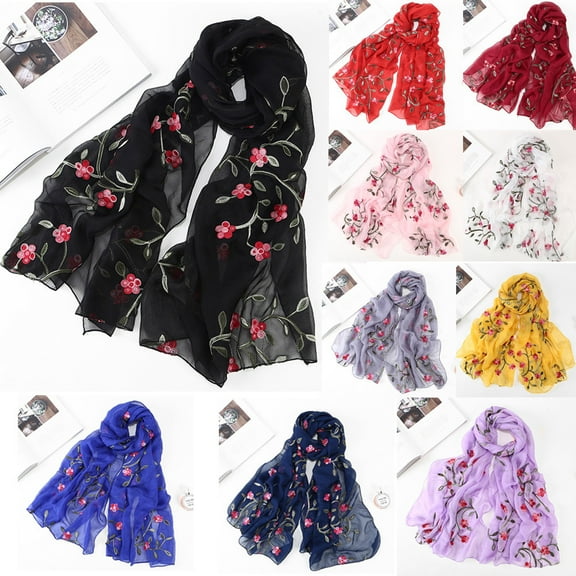 Womens Embroidered Chiffon Scarf Hijab Style Head Wrap and Shawl Accessory