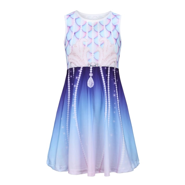 Robe Fille Tout-Petit Enfants Filles Été Col Rond Sans Manches Robe à Imprimé Floral Décontractée Plage Fête Robes Robe Bébé Bleu 5 Ans-6 Ans