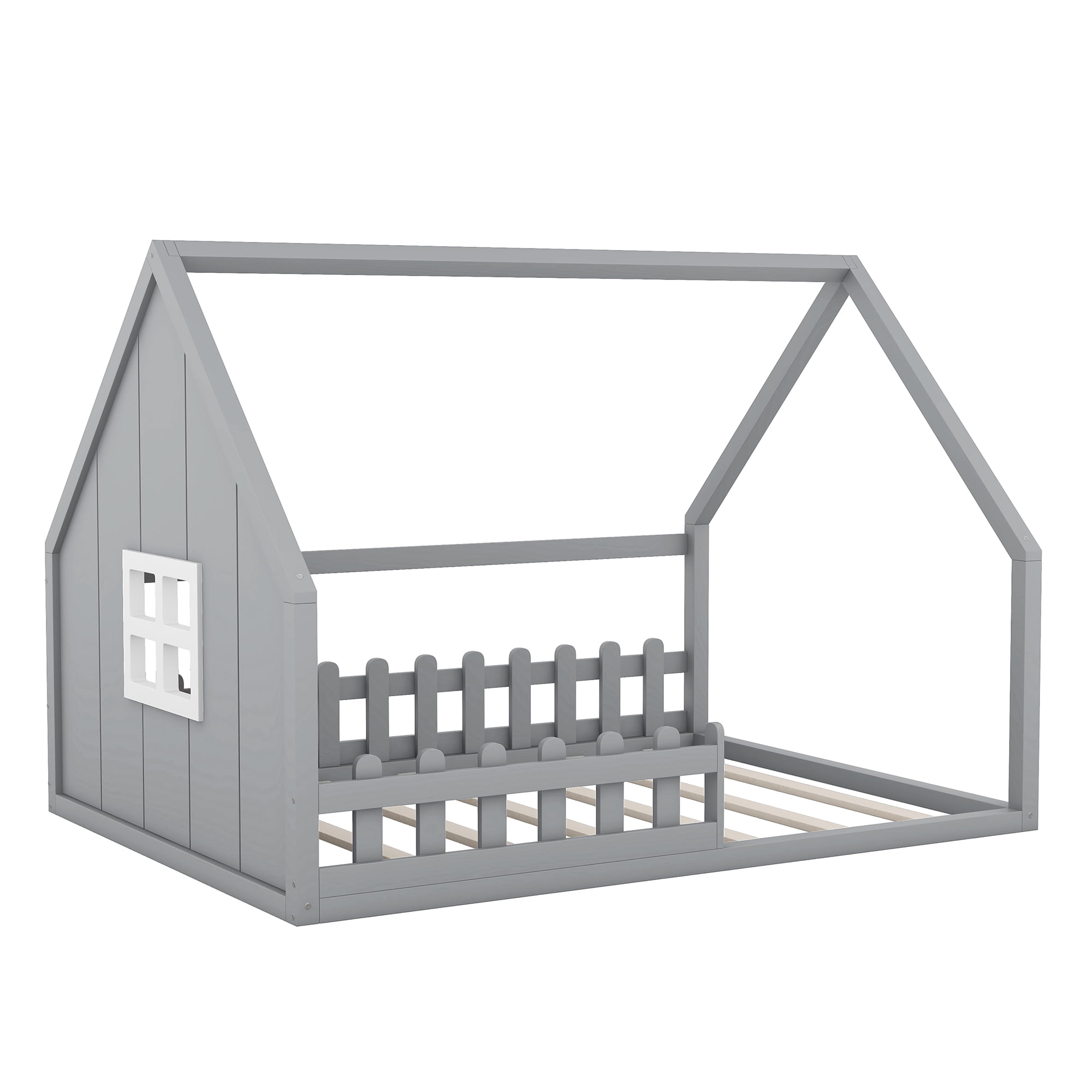 Bellemave Full Floor Bed with Fence and Window, Wooden Montessori Floor Bed,Full Size House Bed Frame,Gray
