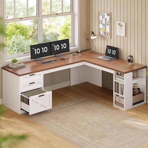 67" L Shaped Computer Desk with 3 Drawers and Storage Shelves, Farmhouse Corner Office Desk, Home Office Desk