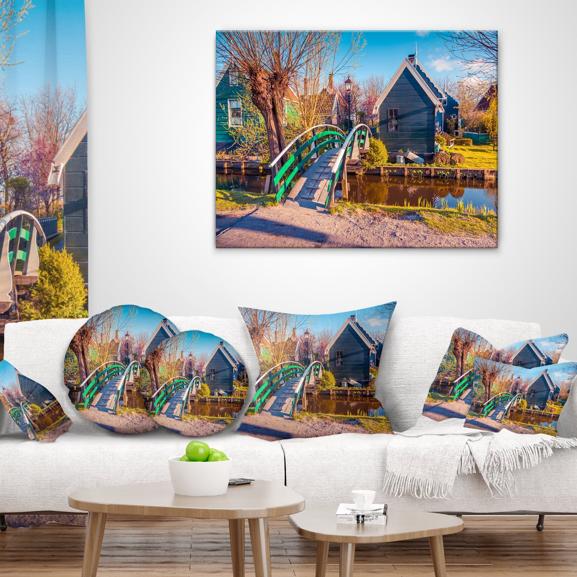 Designart Dutch Buildings in Zaanstad Village - Landscape Printed Throw Pillow - 18x18