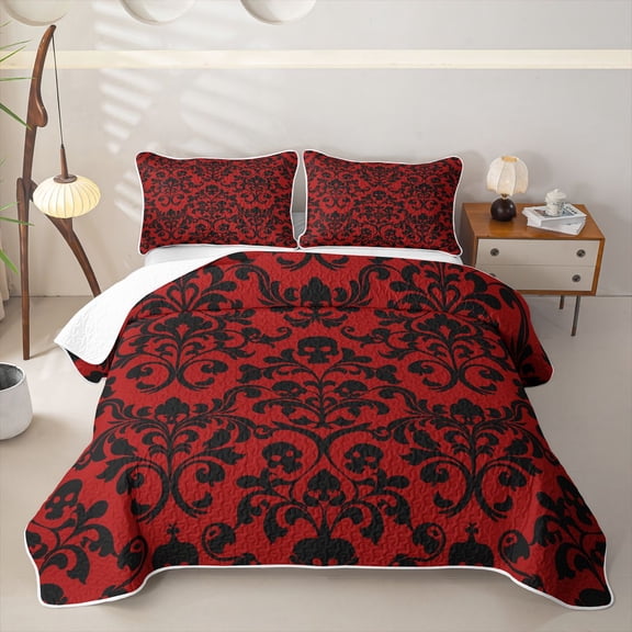 Homewish Vintage Damask Skull Bed Spread Queen for Boys Girls, Crimson Black Gothic Baroque Spooky Queen Coverlet Set, 3-Piece