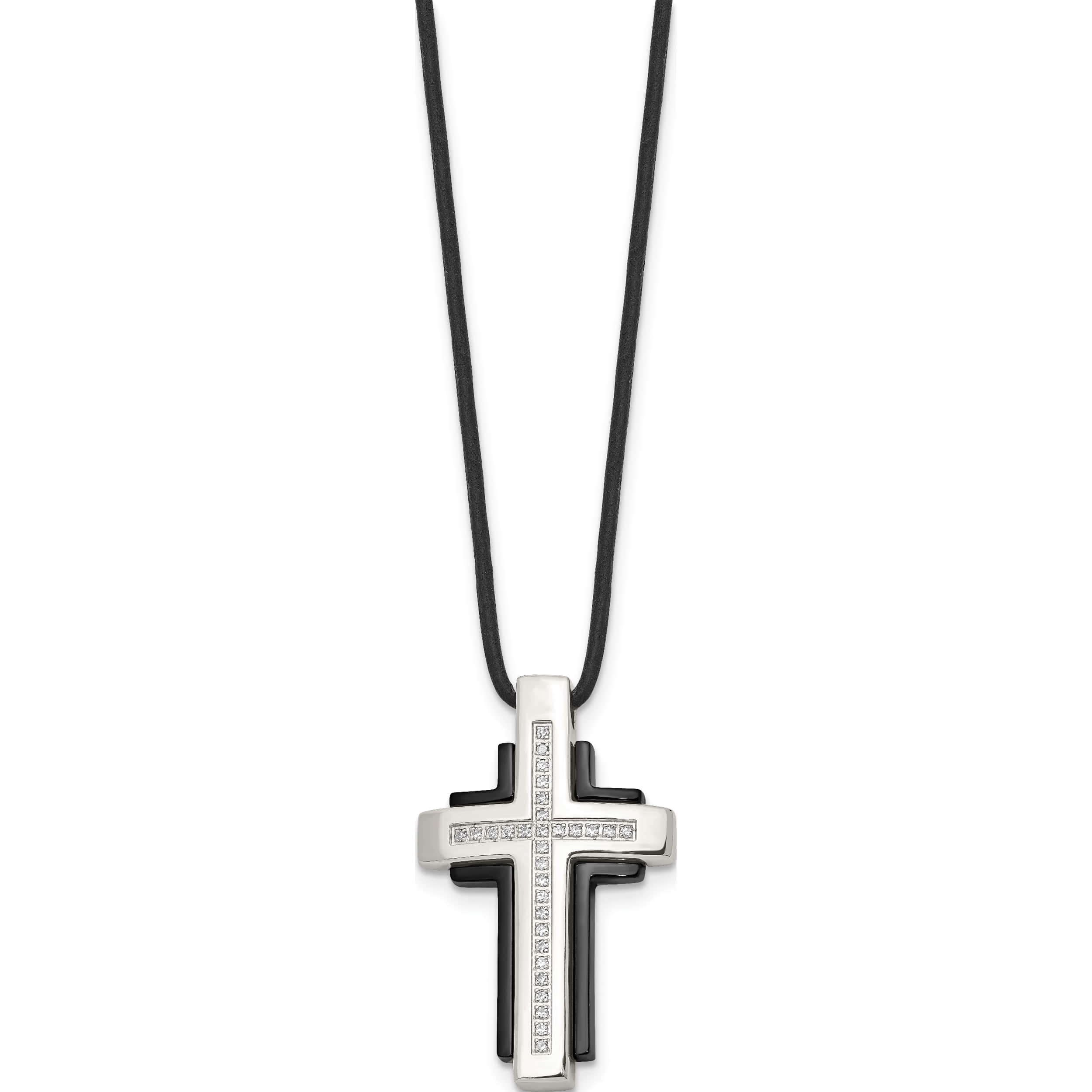 Stainless Steel Polished Black Ip With Cz Cross Leather Cord Necklace (18 X 22) Made In China srn860-18