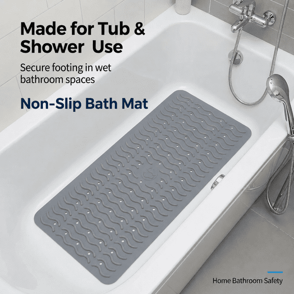 MORAVE Grey Wave-Textured Grip Bath Mat, 31x15'' Soft TPE Anti-Skid Bathroom Mat with 194 Suction Cups & Drain Holes, Non Slip Bathtub Mat & Shower Mat, Anti Slip Bath Mat for Tub, Machine Washable