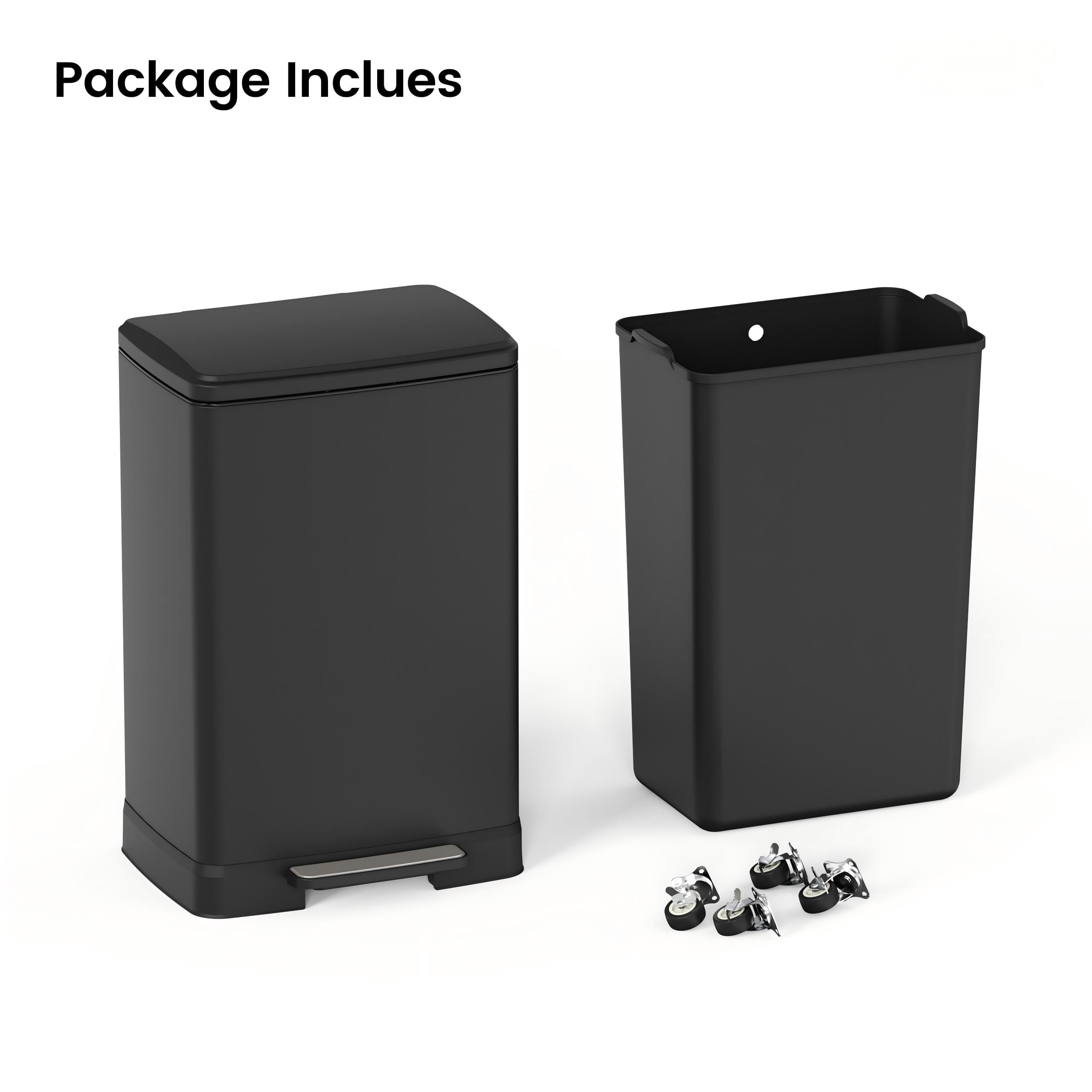 17 Gallons Pedal Trash Can with Soft Close Lid, Removable Inner Bucket & Detachable Wheels, Odor Control Slot for Kitchen Home, Black