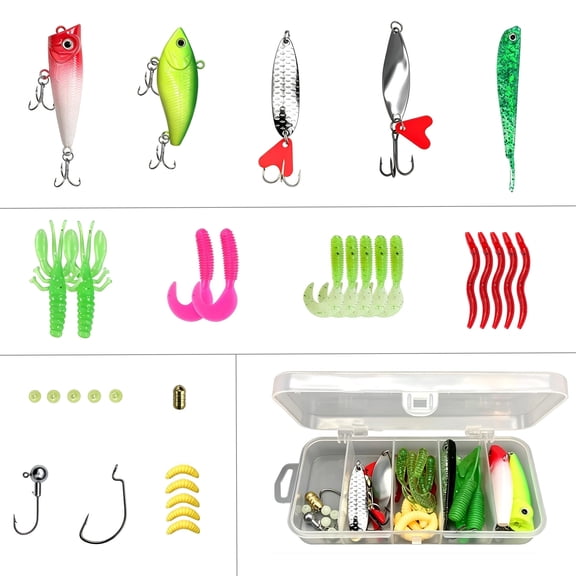 Fishing Lures - Tackle Box with Tackle Included, Fishing Kit with VIBs, Frogs, Minnows, Soft Baits, Hooks & Weights Accessories, Freshwater Lure Kit for Bass Walleye Trout