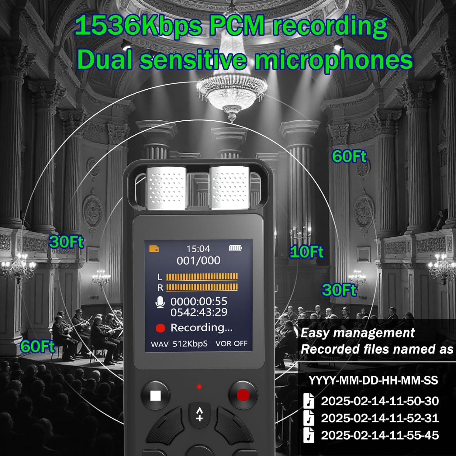 MUSICOZY 128GB Voice Activated Digital Recorder for Lectures and Meetings, Connected Phone via OTG, 9280 Hours Audio Recorder with Tripod Stand, Recording Device MP3 Player