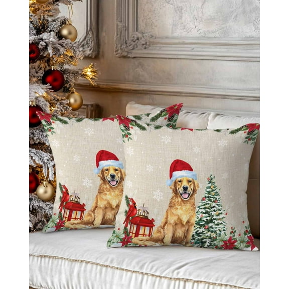 Christmas Decorative Throw Pillow Covers 20x20 Inch Set of 2 Cute Dog Pillow Cases for Couch, Christmas Tree Poinsettia Linen Cushion Case for Living Room Bedroom Bed Car Chair