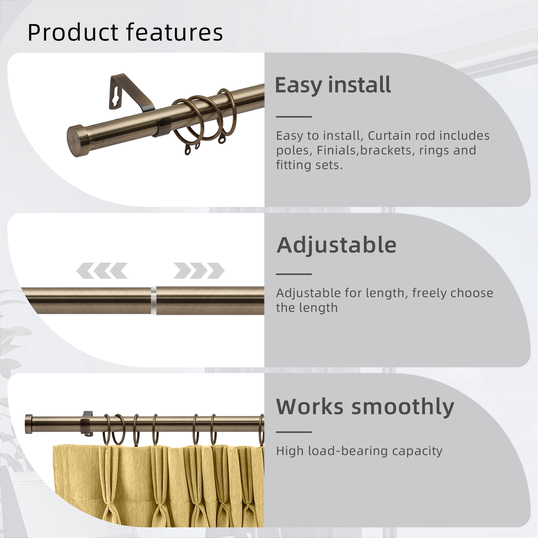 Coquilles 1 Inch Diameter Adjustable Modern Curtain Rods, Antique Brass with Cap Finials, 28-48 Inches