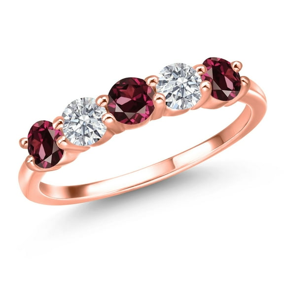 Gem Stone King 18K Rose Gold Plated Silver Red Rhodolite Garnet and E - F Lab Grown Diamond Wedding-Bands Ring for Women | 1.65 Cttw | Round 4MM | Gemstone January Birthstone | Size 5