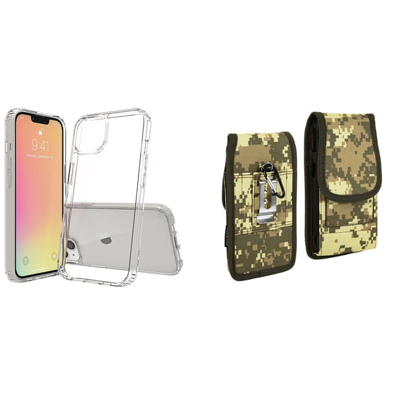 Bemz Case and Pouch Bundle for iPhone 14 Pro: Fusion Protector Slim Case (Transparent Clear) and Vertical Rugged Nylon Belt Holster (Digital Camo)
