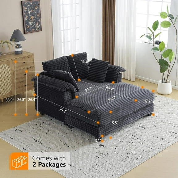 56" Oversized Chaise Lounge Chair, Comfy Corduroy Sofa Recliner with Armrests & Throw Pillows for Living Room, Movie Room