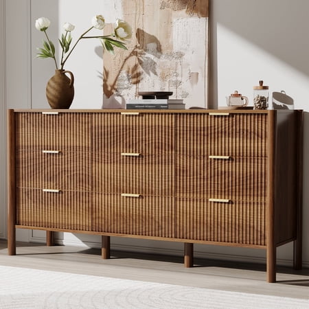 63" W 9 Drawer Dresser, Fluted Wood Chest Of Drawers with Solid Wood Legs For Bedroom, Living Room，Walnut