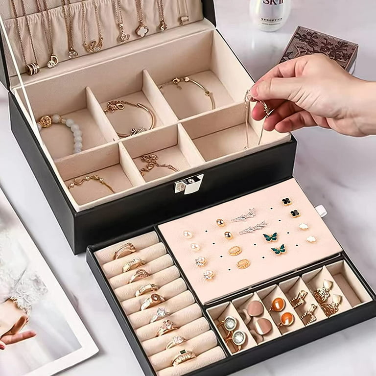 Jewelry Box Organizer for Women Girls Wife Ideal Gift, Double Layer Jewelry  Storage Case Display Earrings Bracelets Rings Necklaces, PU Leather & Soft