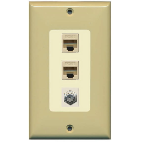 RiteAV Decorative 1 Gang Wall Plate (Ivory/Light Almond) 3 Port - 2 x Cat6, 1 x Coax