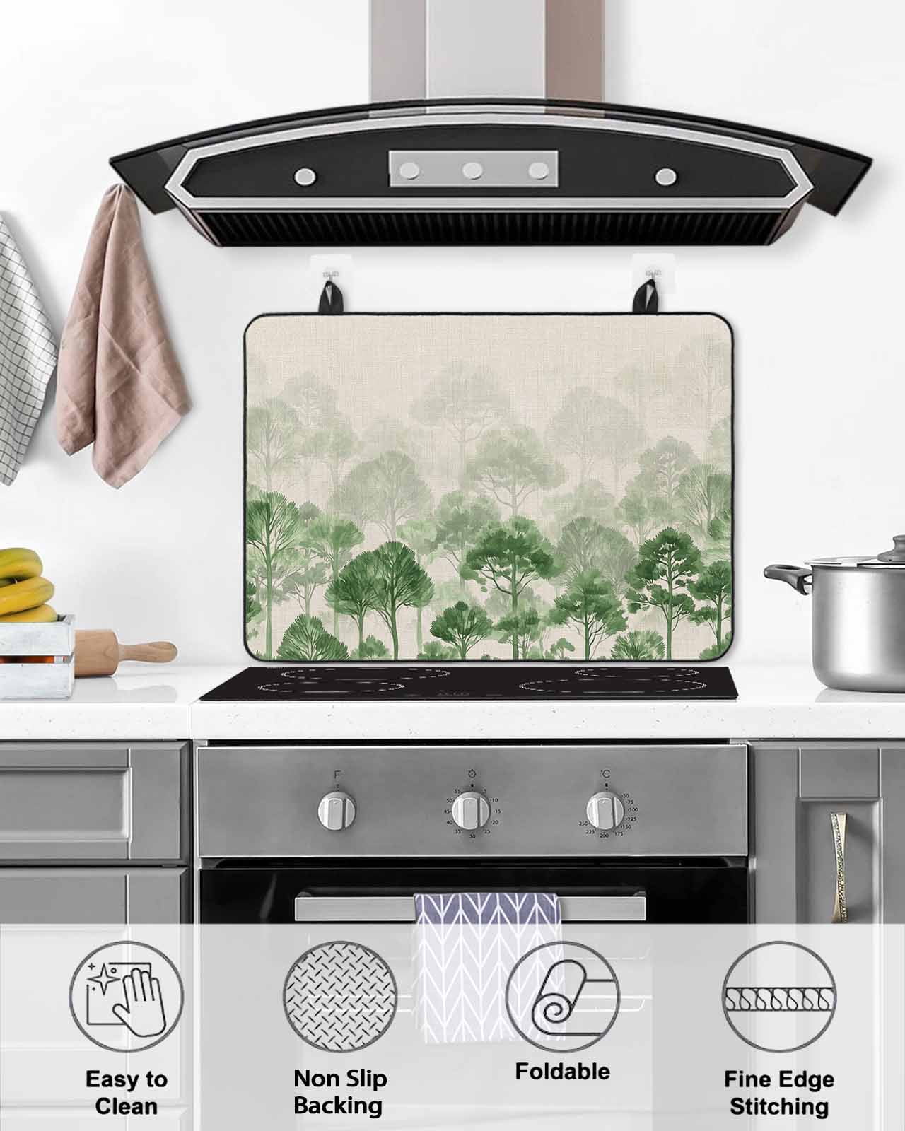 nqOlkjepod Large Induction Cooktop Protector Mat 24"x21", Green Forest Stove Top Covers for Electric Stove, Farmhouse Botanical Tree Scenery Beige Stove Burner Cover Mats, Glass Top Stove Cover