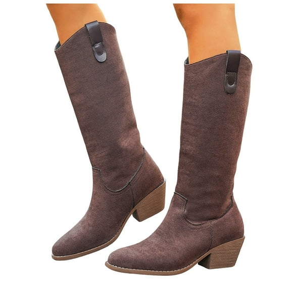 Wide Mid Calf Cowboy Boots for Women Winter Fall Solid Pointed Toe Chunky Stacked Heel Knee High Cowgirl Tall Boots