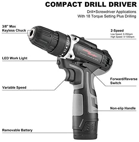 0-1350RPM Variable Speed MAIBERG Cordless Drill Driver Set 20pcs Accessories include Drywall Anchor and Brush 12V Battery Power Drill with 3/8 inches Keyless Chuck