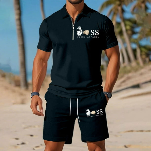 WILLBEST Conjunto Deportivo de Verano con Estampado de Letras Europeas para Hombre, Informal, Holgado y Cómodo, de Manga Corta y con Bolsillo.