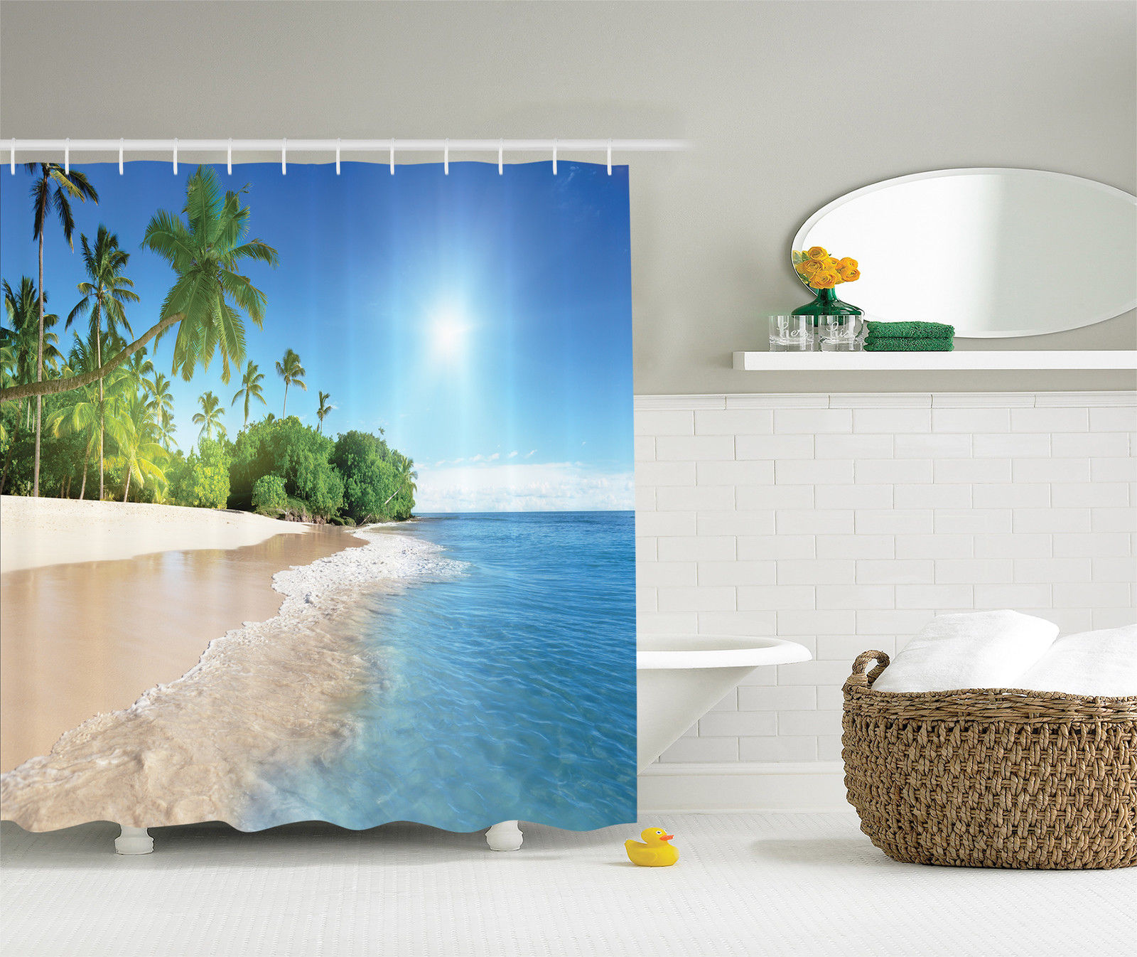 Ocean Tropical Palm Tree Sunny Island Shower Curtain Set with Hooks