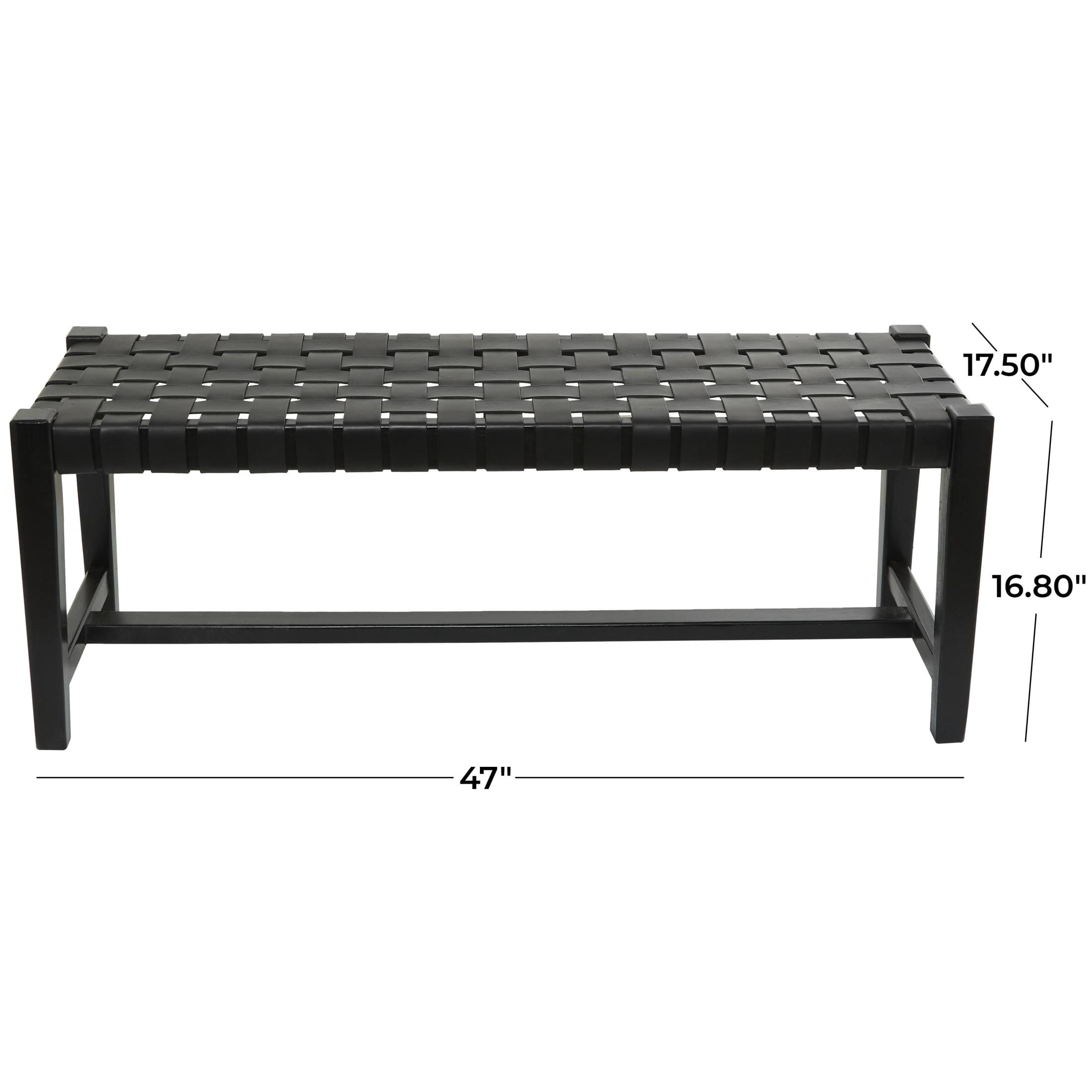 DecMode Leather Handmade Woven Bench with Teak Wood Frame, Black