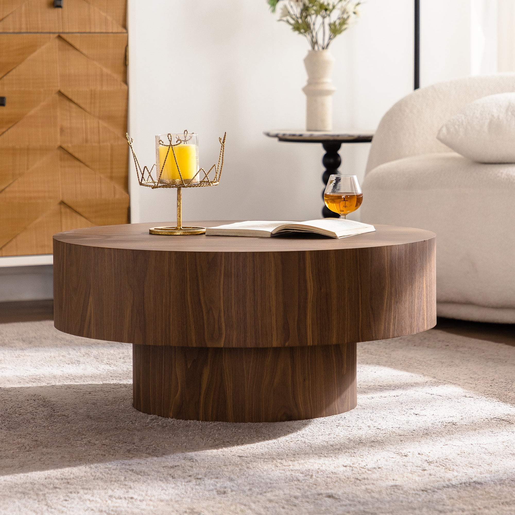 Leumius Round Wood Coffee Table, Walnut Wood Accent Tables for Bedroom, Living Room, Office