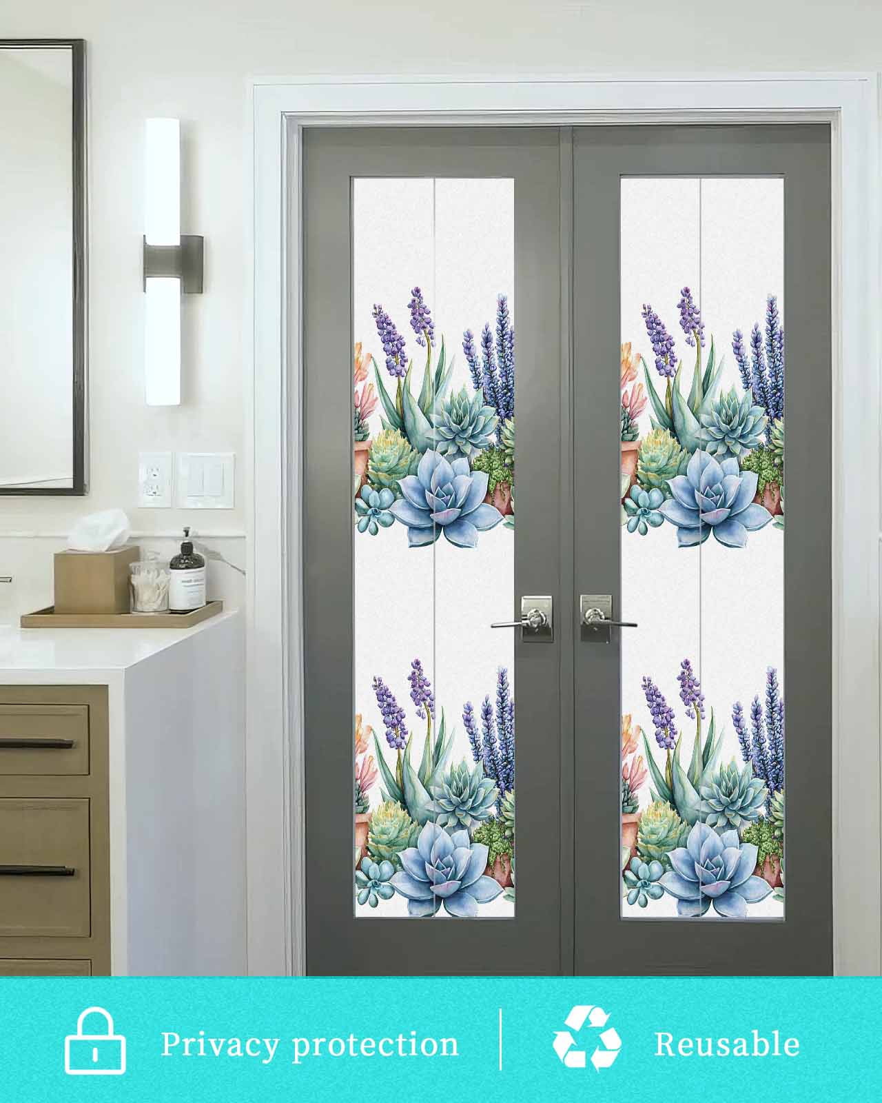 Window Privacy Film Succulent Stained Glass Window Film Decorative Sun Block Window Cover Spring Botanical Tropical Flower Window Clings Static Adhesive Sticker for Bathroom 29.5"x118"