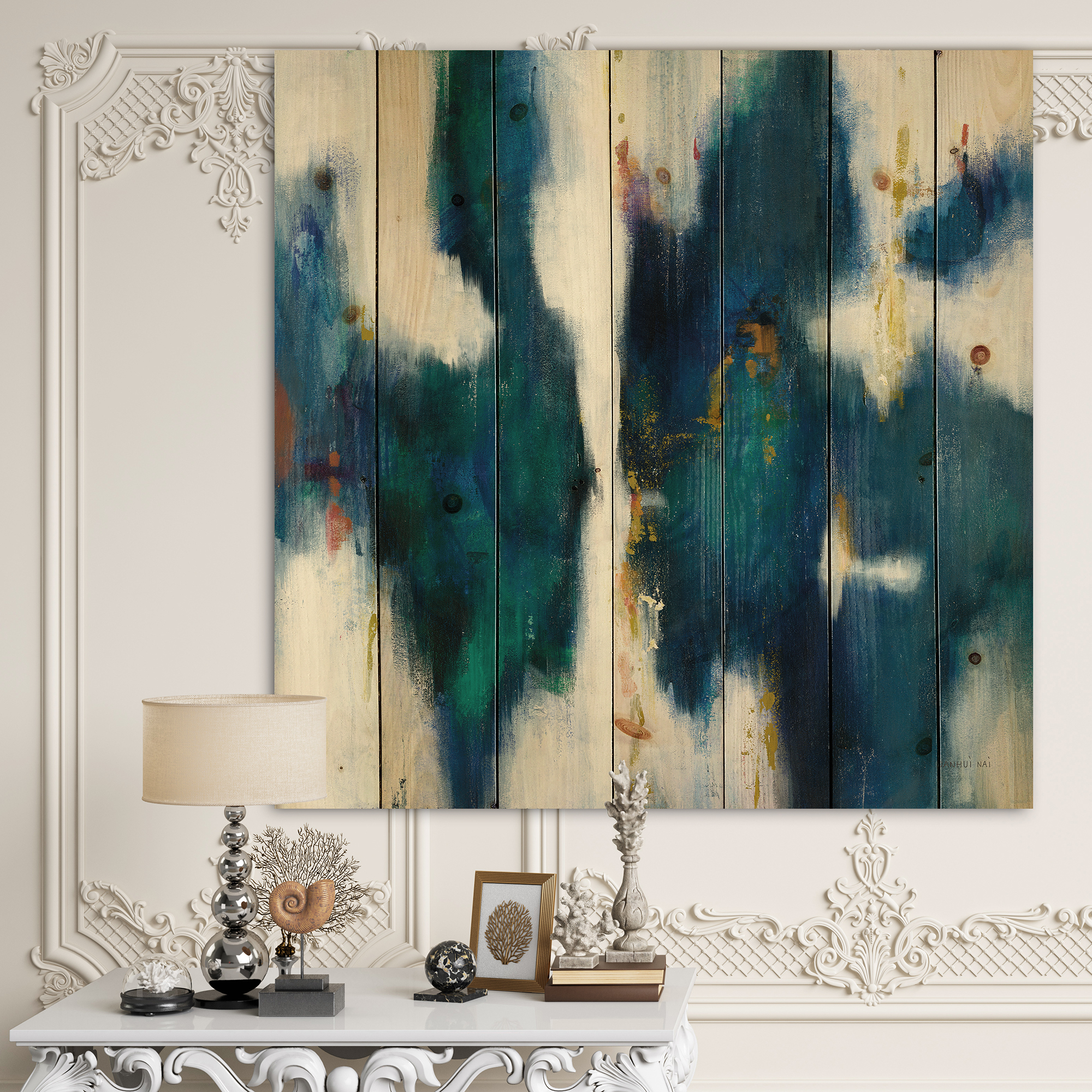 Designart 'Fractal Blue Glam Texture I' Contemporary Print on Natural Pine Wood