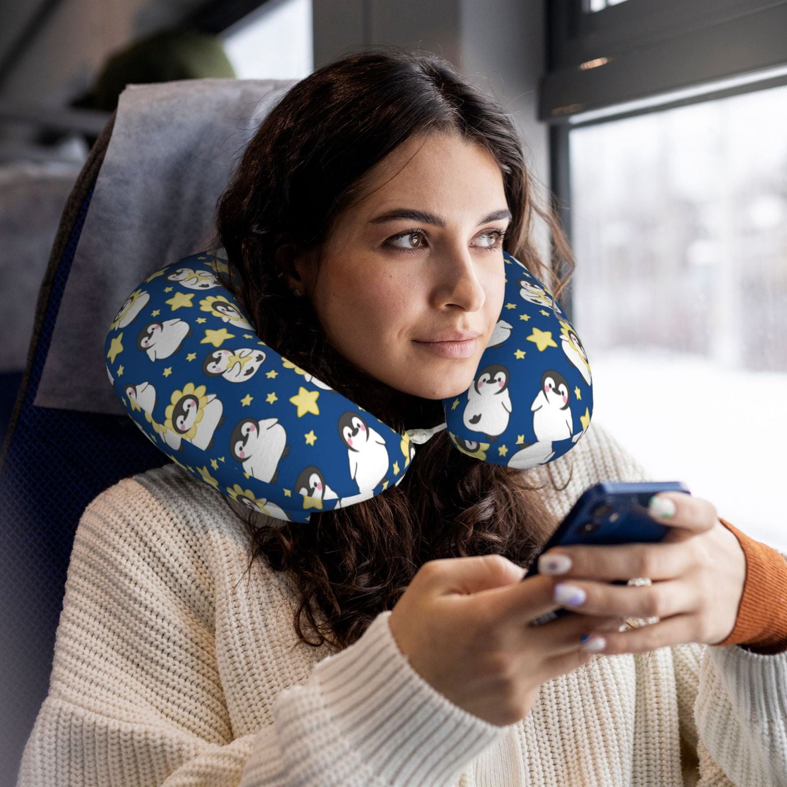 Xecao Star Penguin Print Memory Foam Cervical Neck Pillow Versatile U-Shaped Pillows for Home,Office,Camping,Travelling,Soft Washable Cover